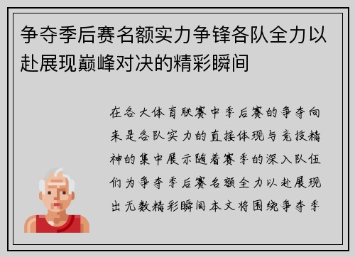 争夺季后赛名额实力争锋各队全力以赴展现巅峰对决的精彩瞬间
