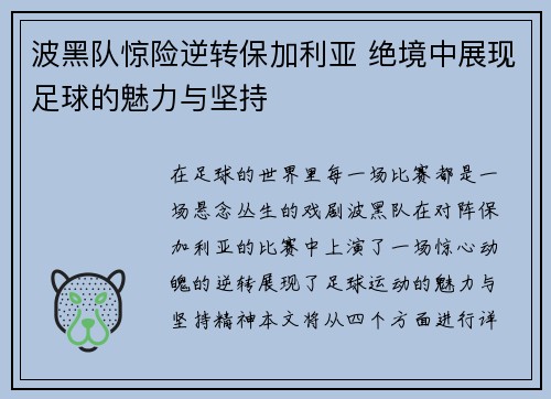 波黑队惊险逆转保加利亚 绝境中展现足球的魅力与坚持
