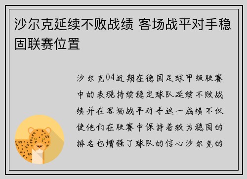 沙尔克延续不败战绩 客场战平对手稳固联赛位置