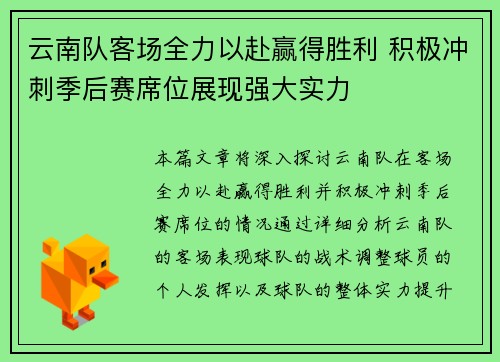 云南队客场全力以赴赢得胜利 积极冲刺季后赛席位展现强大实力