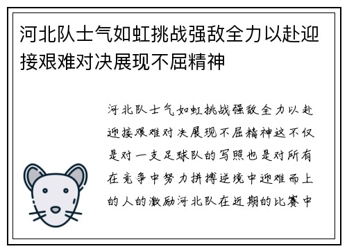 河北队士气如虹挑战强敌全力以赴迎接艰难对决展现不屈精神