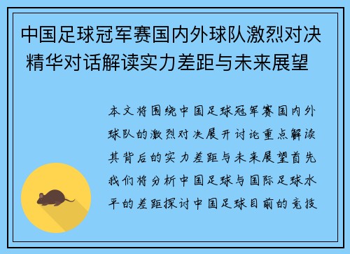 中国足球冠军赛国内外球队激烈对决 精华对话解读实力差距与未来展望