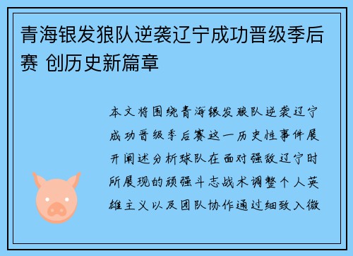 青海银发狼队逆袭辽宁成功晋级季后赛 创历史新篇章