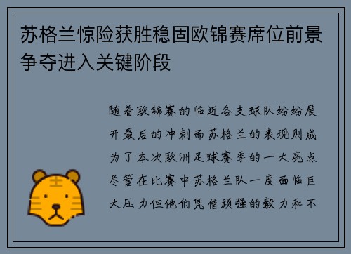 苏格兰惊险获胜稳固欧锦赛席位前景争夺进入关键阶段