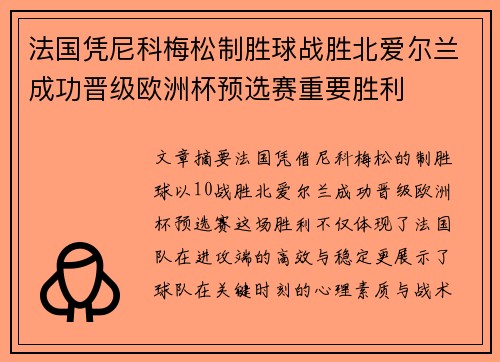 法国凭尼科梅松制胜球战胜北爱尔兰成功晋级欧洲杯预选赛重要胜利