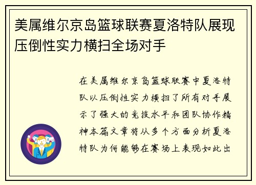 美属维尔京岛篮球联赛夏洛特队展现压倒性实力横扫全场对手